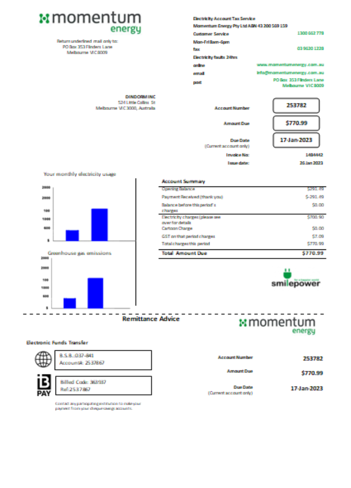 Momentum Energy utility business bill,  SCR PSD template